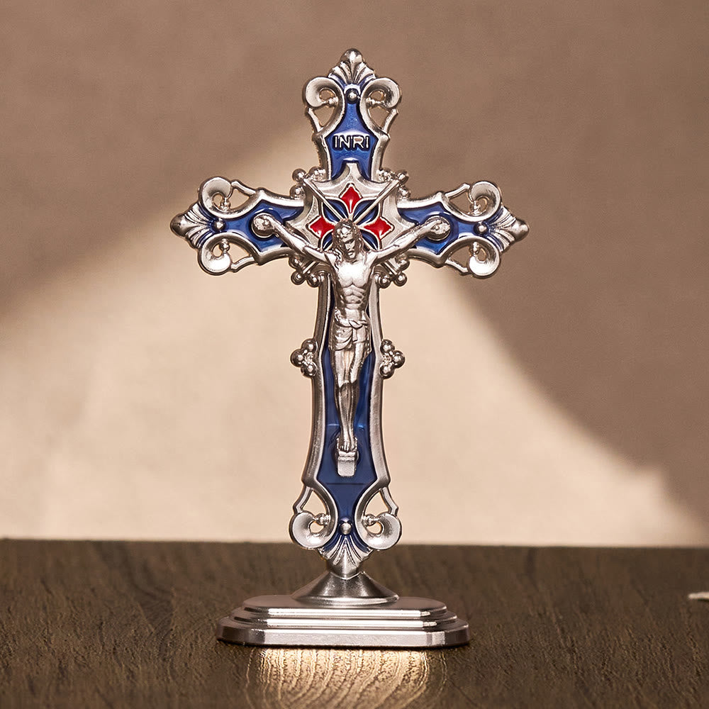 SolaceBeads Enamel Standing Prayer Crucifix, Inspire Faith In Prayer Corner &amp; Desktop &amp; Daily Devotion - Steel &amp; Blue - image 6