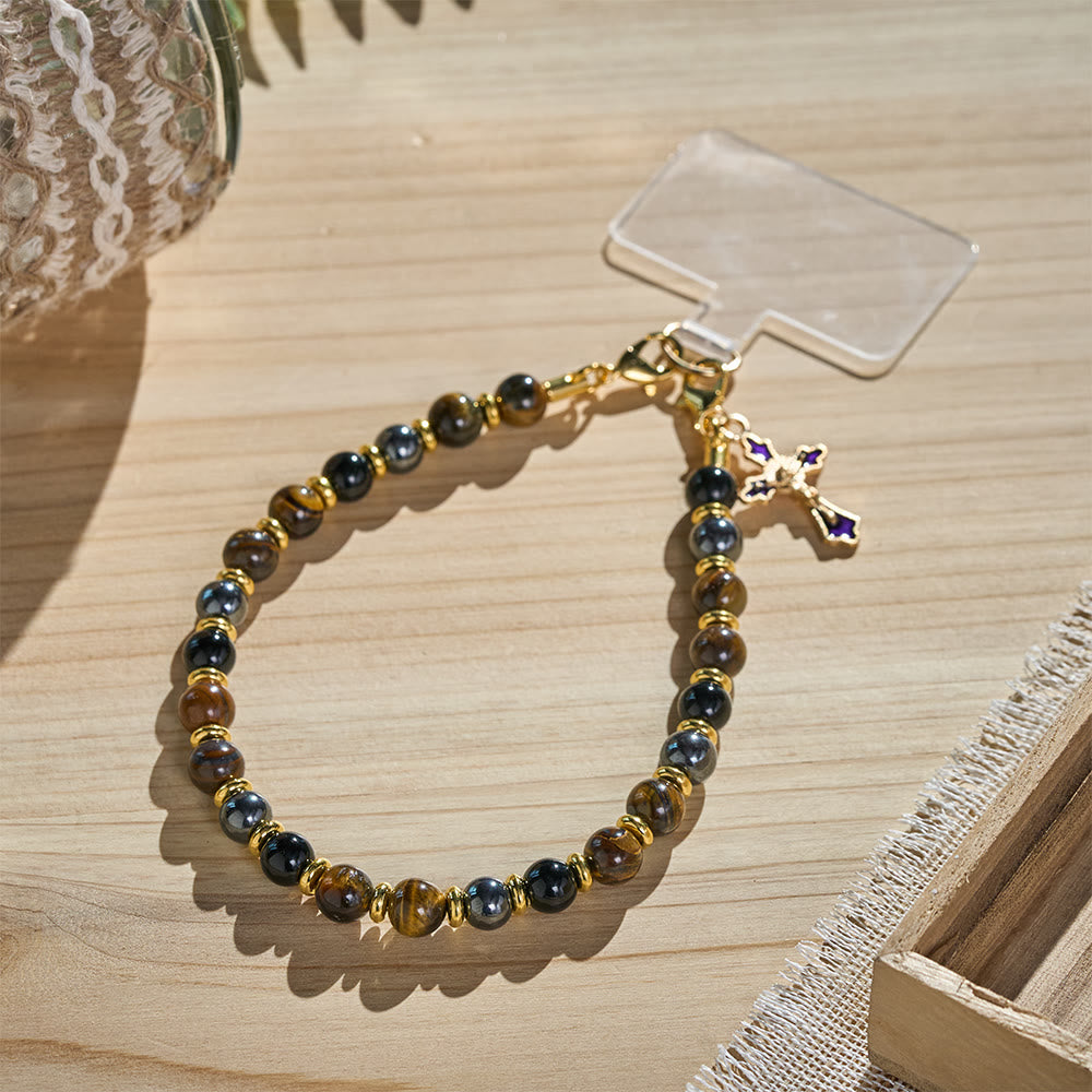 SolaceBeads Tiger Eye &amp; Black Bead Phone Charm With Enamel Crucifix: Strength in Earth‑Toned Grains - image 1