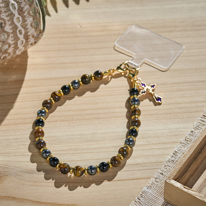 SolaceBeads Tiger Eye &amp; Black Bead Phone Charm With Enamel Crucifix: Strength in Earth‑Toned Grains - image 1