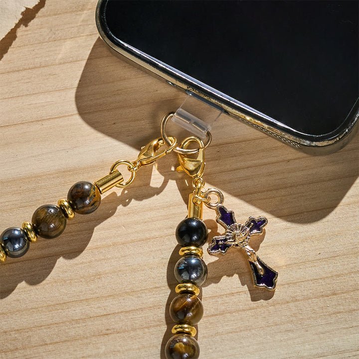 SolaceBeads Tiger Eye &amp; Black Bead Phone Charm With Enamel Crucifix: Strength in Earth‑Toned Grains - image 5