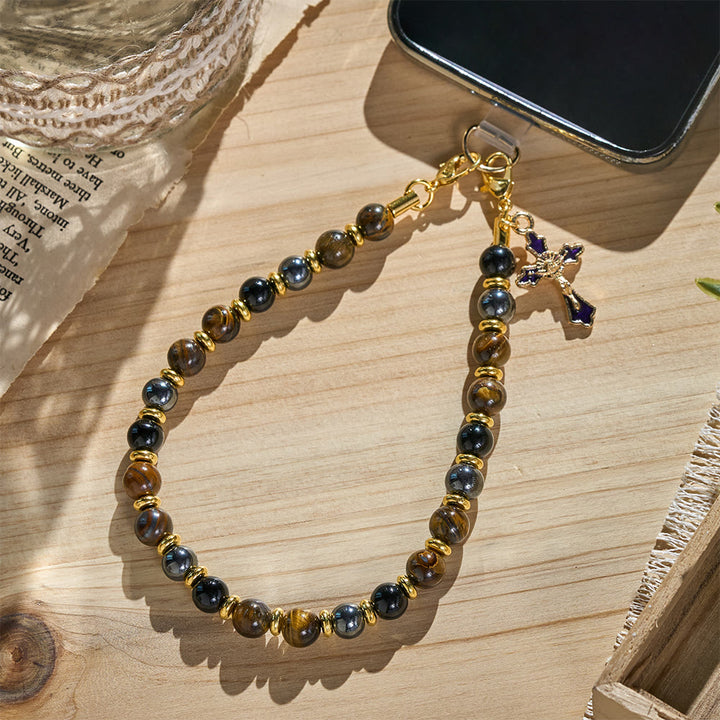 SolaceBeads Tiger Eye &amp; Black Bead Phone Charm With Enamel Crucifix: Strength in Earth‑Toned Grains - image 2
