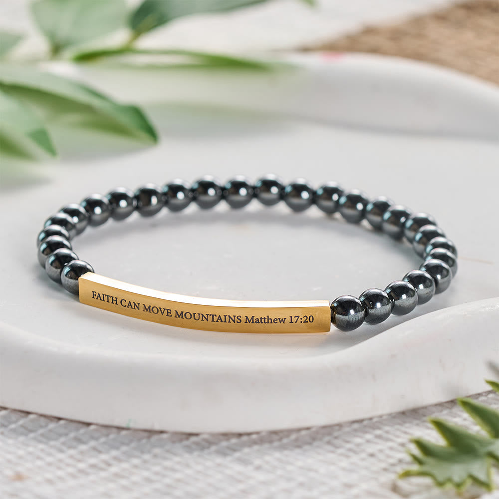 Solacebeads Hematite Bead Bracelet With Engraved Scripture Bar: Faith Moves Mountains - Hematite - image 0