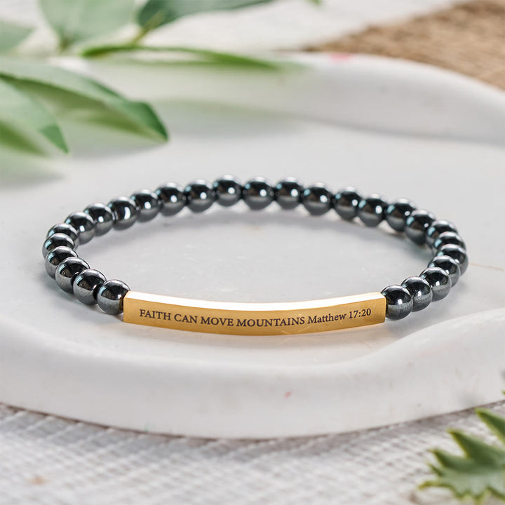 Solacebeads Hematite Bead Bracelet With Engraved Scripture Bar: Faith Moves Mountains - image 1