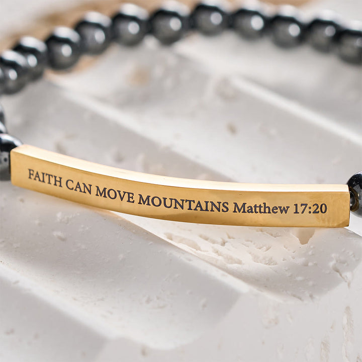 Solacebeads Hematite Bead Bracelet With Engraved Scripture Bar: Faith Moves Mountains - image 2