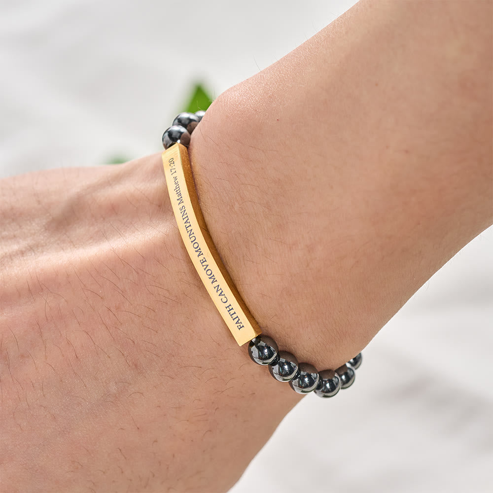 Solacebeads Hematite Bead Bracelet With Engraved Scripture Bar: Faith Moves Mountains - image 3