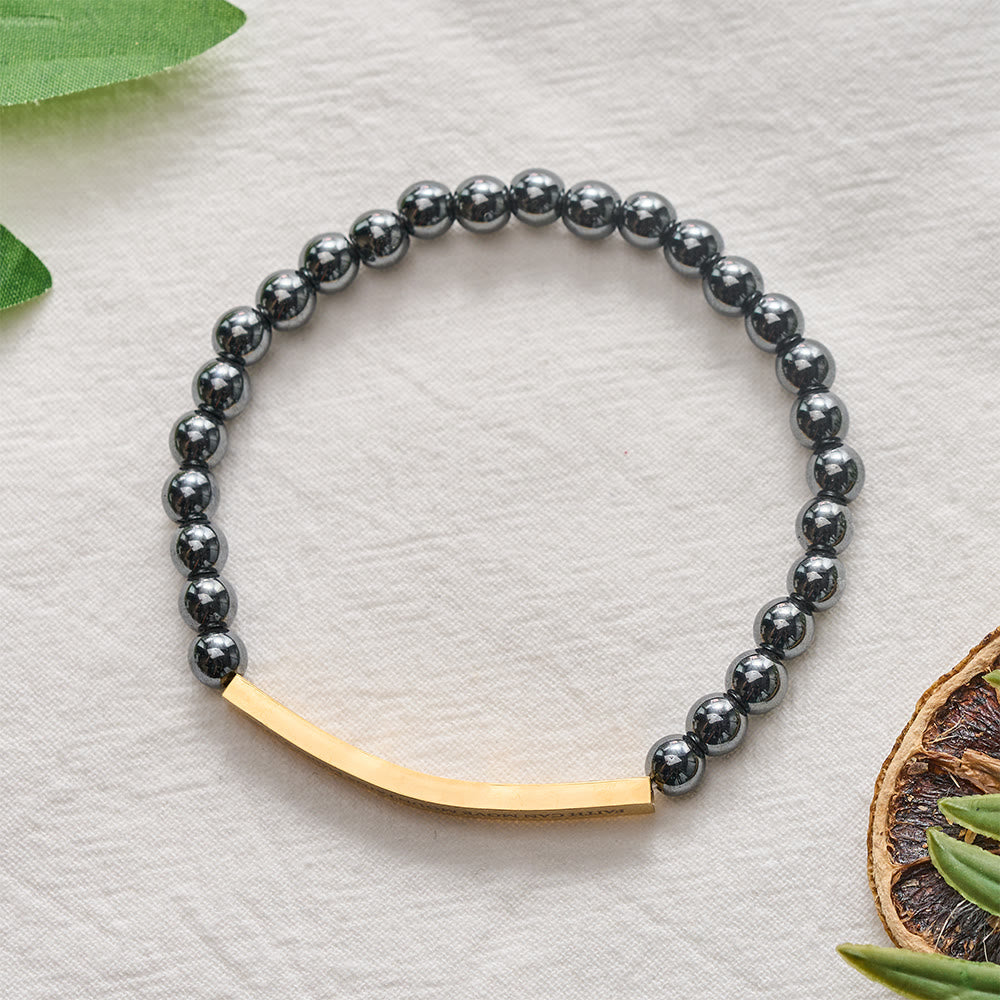 Solacebeads Hematite Bead Bracelet With Engraved Scripture Bar: Faith Moves Mountains - image 5