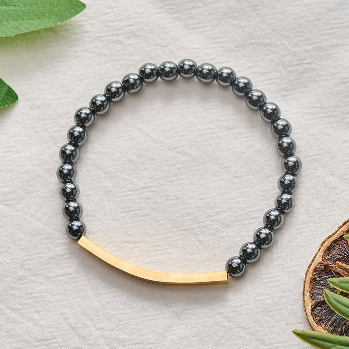 Solacebeads Hematite Bead Bracelet With Engraved Scripture Bar: Faith Moves Mountains - image 5