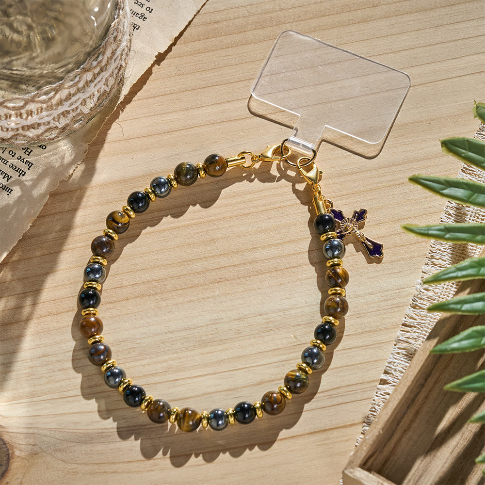 SolaceBeads Tiger Eye &amp; Black Bead Phone Charm With Enamel Crucifix: Strength in Earth‑Toned Grains - Tiger Eye - image 0