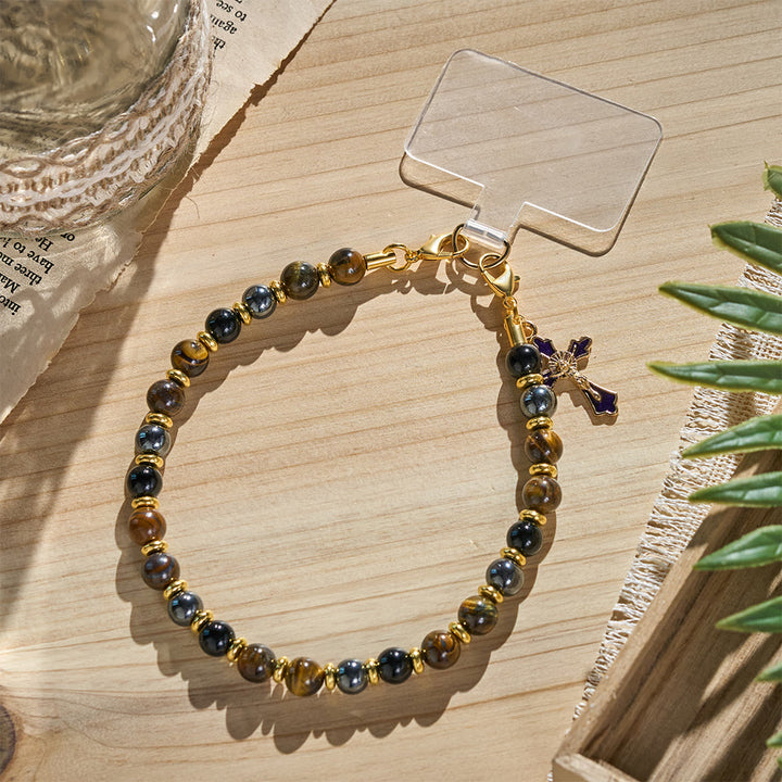 SolaceBeads Tiger Eye &amp; Black Bead Phone Charm With Enamel Crucifix: Strength in Earth‑Toned Grains - Tiger Eye - image 0