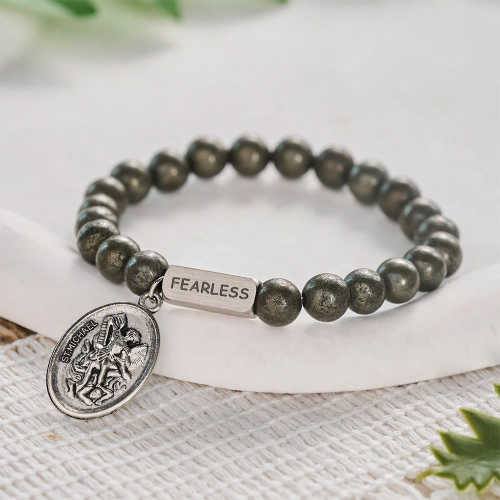 Solacebeads Pyrite Bracelet With Archangel Medal: Fearless In Spiritual Fortitude Amid Challenges - Pyrite - image 0