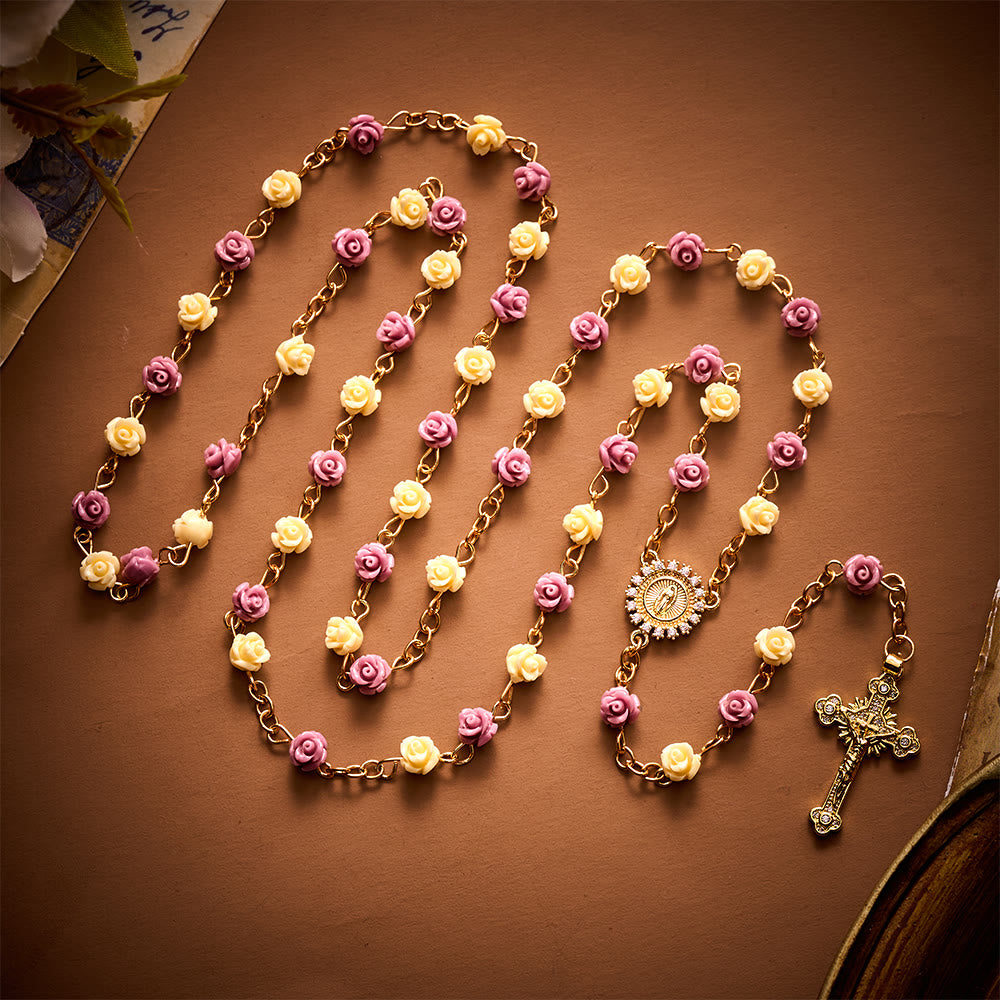 SolaceBeads Purple &amp; Beige Floral Rose Artistic Rosary: Devotion In Guadalupe Floral Grace - Purple &amp; Yellow - image 0