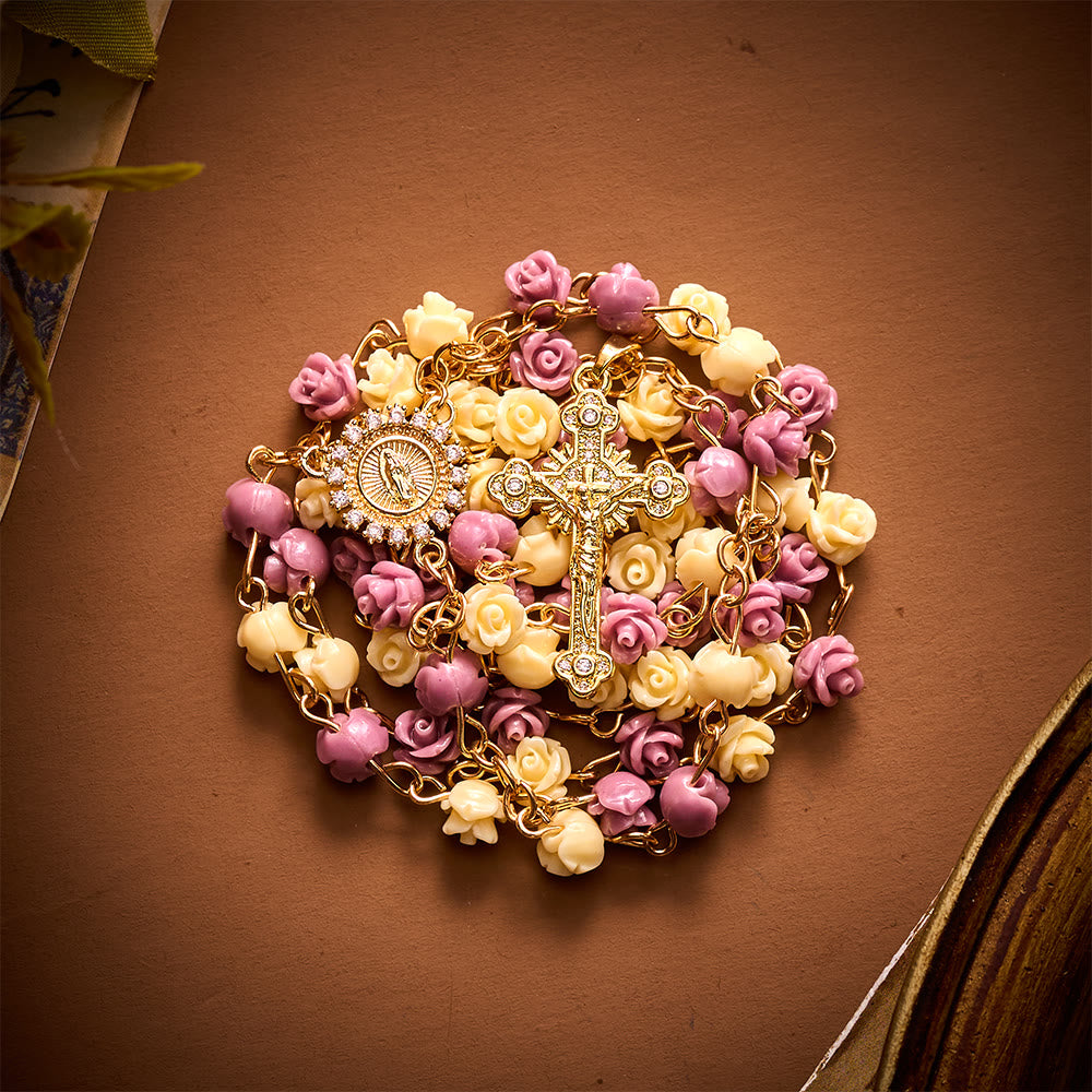 SolaceBeads Purple &amp; Beige Floral Rose Artistic Rosary: Devotion In Guadalupe Floral Grace - image 4