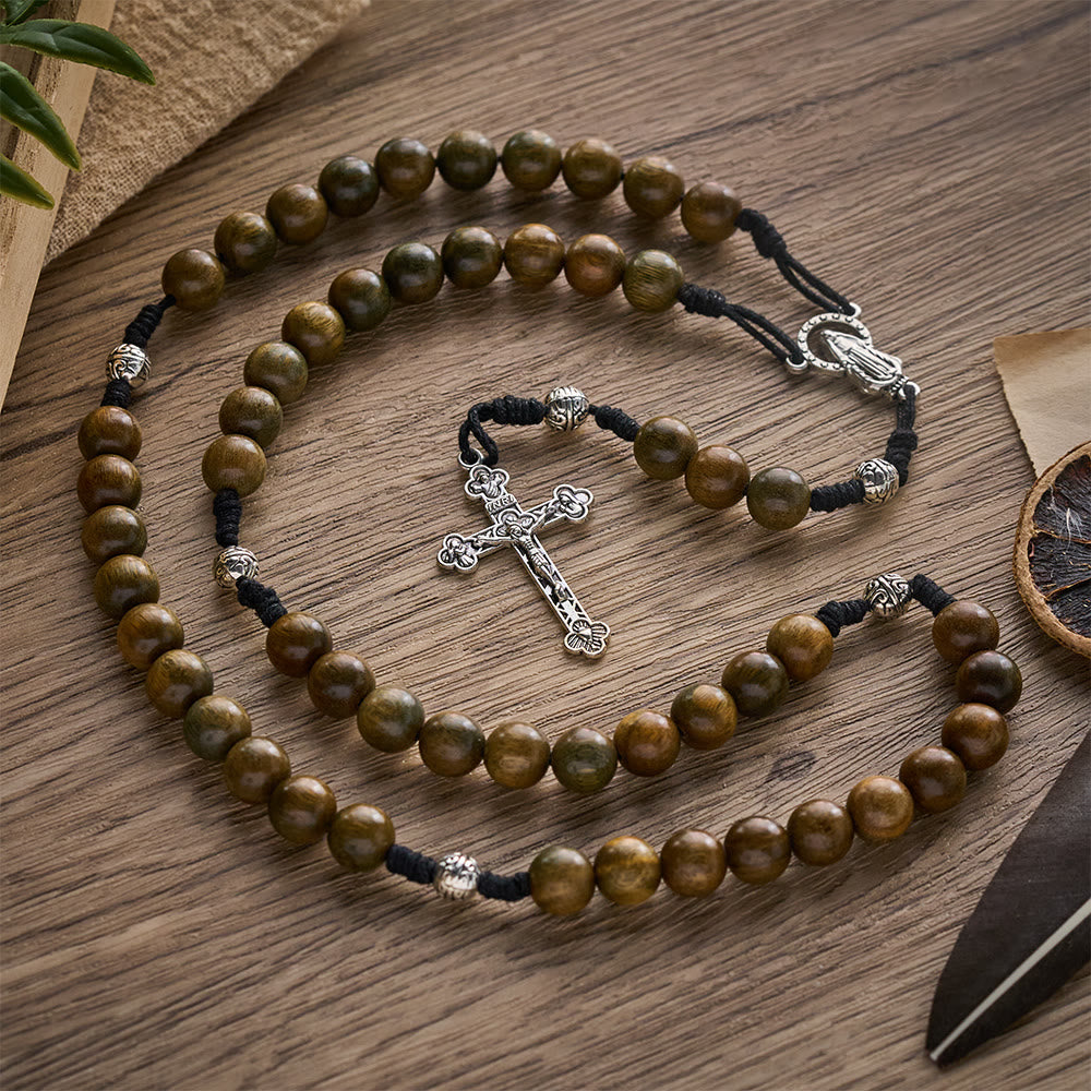 Solacebeads Green Sandalwood Bead Rosary &amp; Our Lady of Grace Medal: Devotion In Natural Wood Grain - image 6