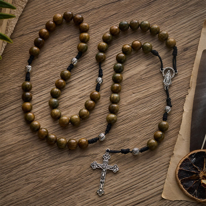 Solacebeads Green Sandalwood Bead Rosary &amp; Our Lady of Grace Medal: Devotion In Natural Wood Grain - Green Sandalwood - image 0