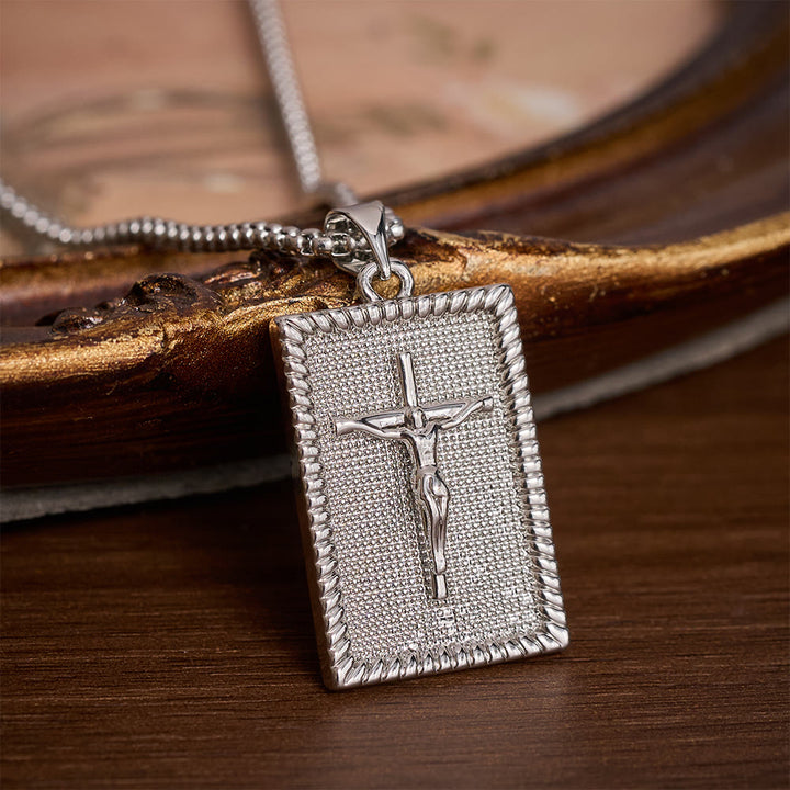 Solacebeads Square Plate Crucifix Pendant Necklace: Faith In Textured Metal Craft - Silver - image 1