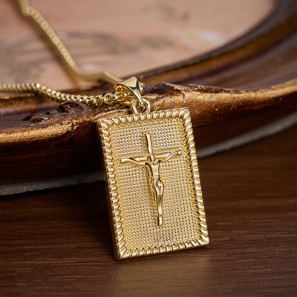 Solacebeads Square Plate Crucifix Pendant Necklace: Faith In Textured Metal Craft - Gold - image 0