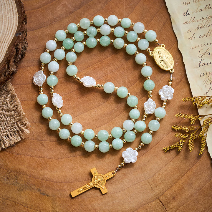 Solacebeads Verdant Grace Green Jade Rosary With Gold Accents &amp; Crucifix: Rooted In Timeless Calm - Green Jade - image 0