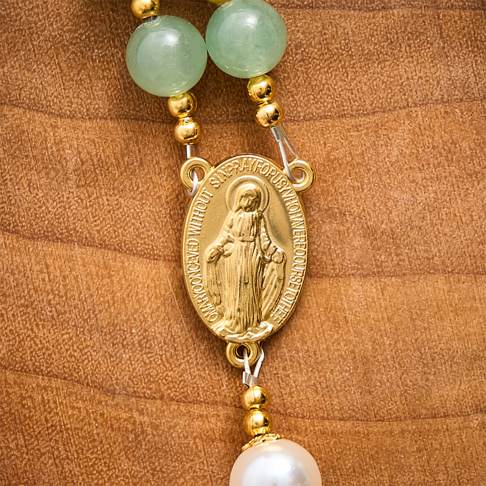 SolaceBeads Green Aventurine &amp; Pearl Rosary With Miraculous Medal &amp; Crucifix: Autumn Faith Devotion - image 2