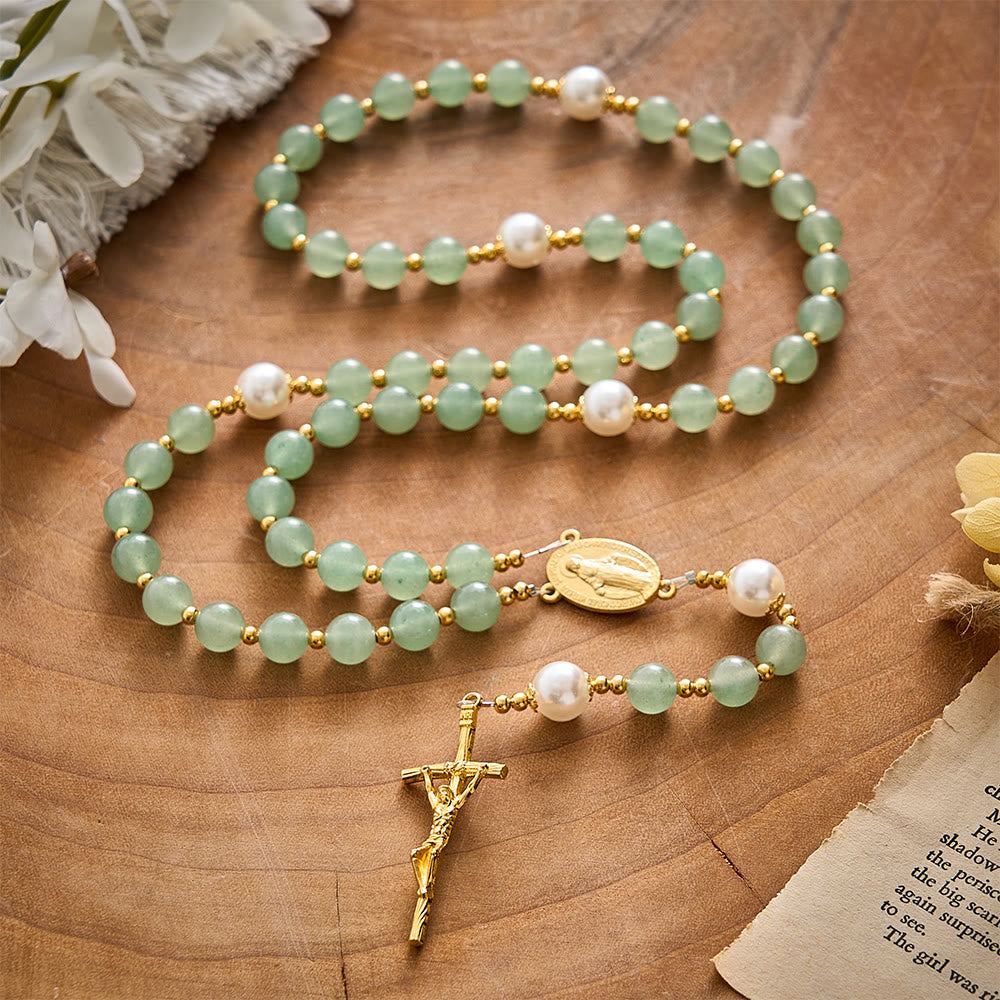 SolaceBeads Green Aventurine &amp; Pearl Rosary With Miraculous Medal &amp; Crucifix: Autumn Faith Devotion - image 8