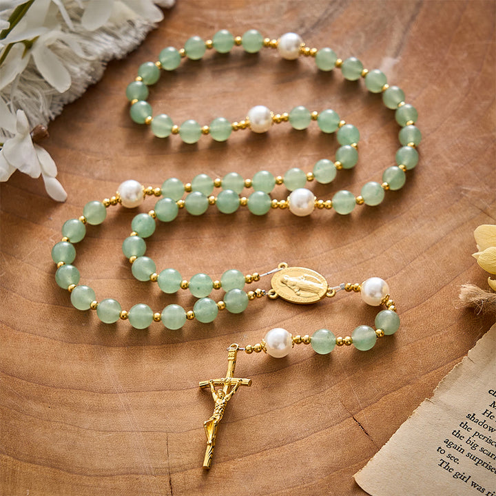 SolaceBeads Green Aventurine &amp; Pearl Rosary With Miraculous Medal &amp; Crucifix: Autumn Faith Devotion - image 8