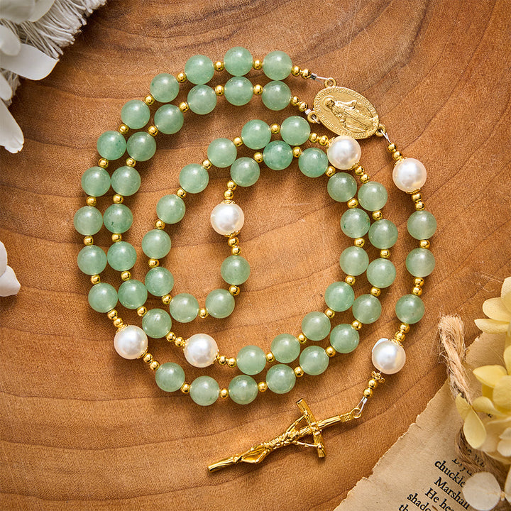 SolaceBeads Green Aventurine &amp; Pearl Rosary With Miraculous Medal &amp; Crucifix: Autumn Faith Devotion - Green Aventurine - image 0