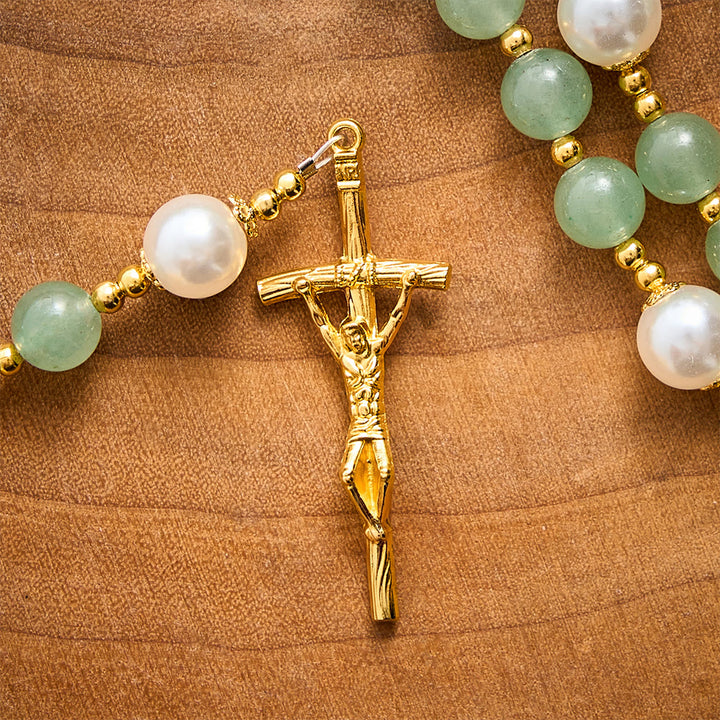SolaceBeads Green Aventurine &amp; Pearl Rosary With Miraculous Medal &amp; Crucifix: Autumn Faith Devotion - image 3