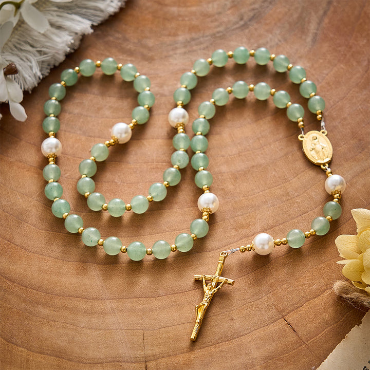 SolaceBeads Green Aventurine &amp; Pearl Rosary With Miraculous Medal &amp; Crucifix: Autumn Faith Devotion - image 7