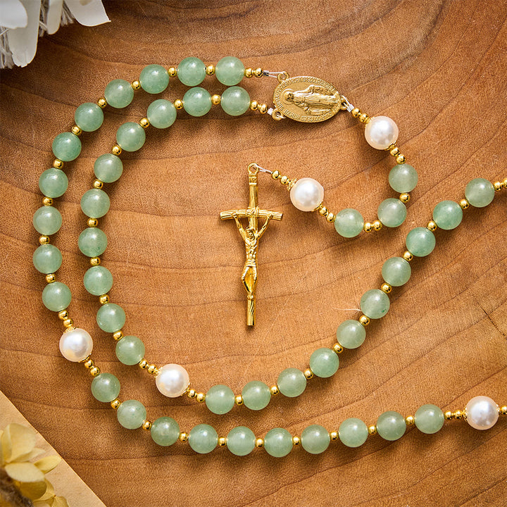 SolaceBeads Green Aventurine &amp; Pearl Rosary With Miraculous Medal &amp; Crucifix: Autumn Faith Devotion - image 5