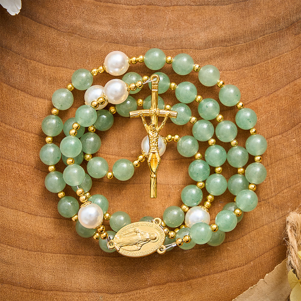 SolaceBeads Green Aventurine &amp; Pearl Rosary With Miraculous Medal &amp; Crucifix: Autumn Faith Devotion - image 4