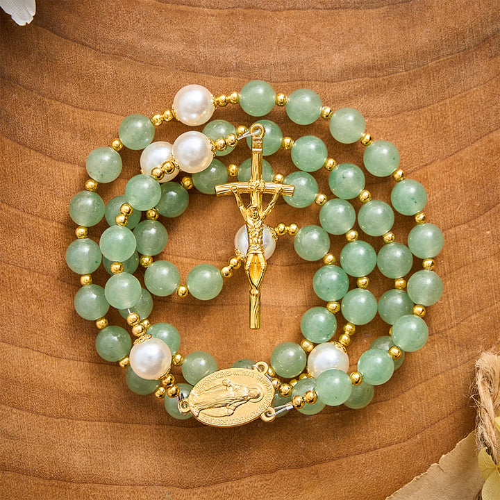 SolaceBeads Green Aventurine &amp; Pearl Rosary With Miraculous Medal &amp; Crucifix: Autumn Faith Devotion - image 4