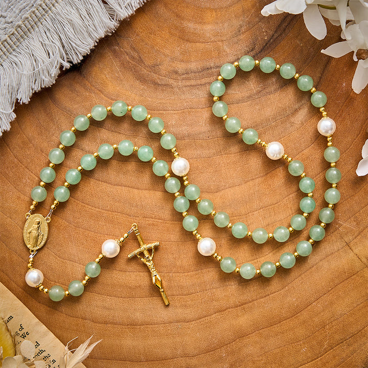 SolaceBeads Green Aventurine &amp; Pearl Rosary With Miraculous Medal &amp; Crucifix: Autumn Faith Devotion - image 6
