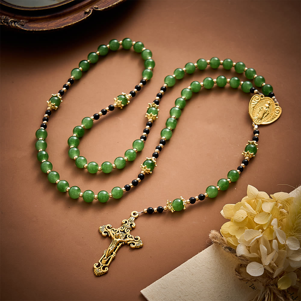 Solacebeads Forest‑Green Glass Rosary With Miraculous Medal &amp; Crucifix: Autumn Devotion of Grace - image 2