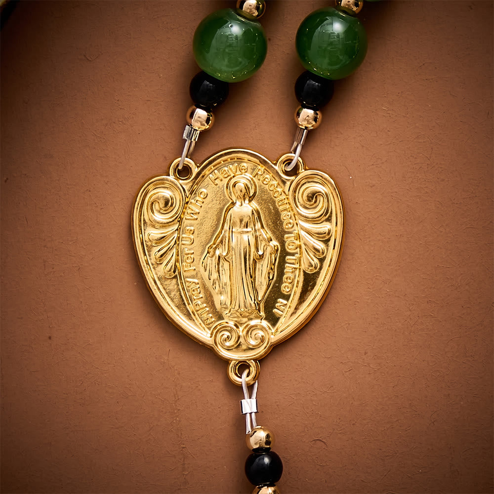 Solacebeads Forest‑Green Glass Rosary With Miraculous Medal &amp; Crucifix: Autumn Devotion of Grace - image 3