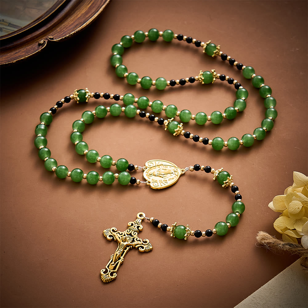 Solacebeads Forest‑Green Glass Rosary With Miraculous Medal & Crucifix: Autumn Devotion of Grace - Green - image 0