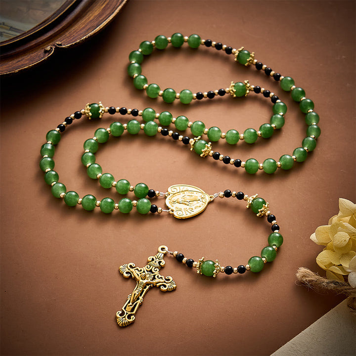Solacebeads Forest‑Green Glass Rosary With Miraculous Medal &amp; Crucifix: Autumn Devotion of Grace - Green - image 0