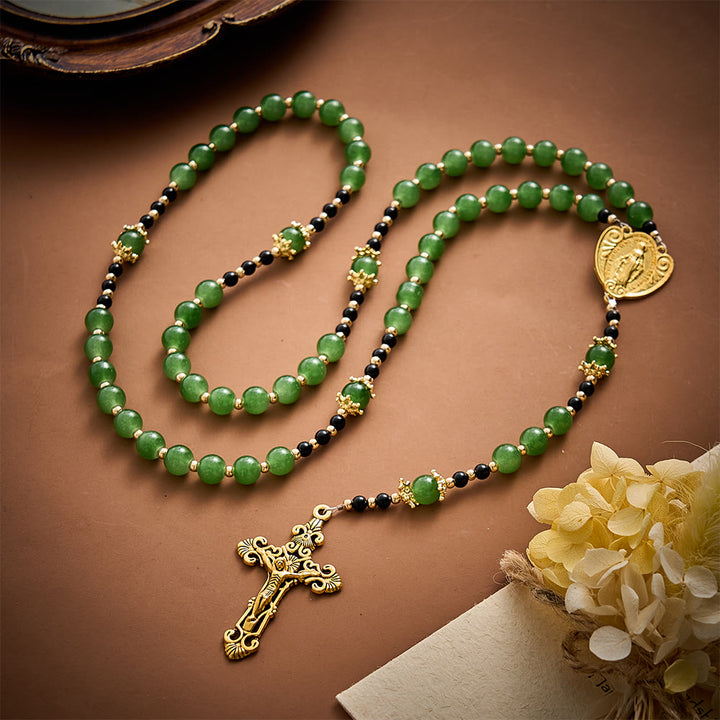 Solacebeads Forest‑Green Glass Rosary With Miraculous Medal &amp; Crucifix: Autumn Devotion of Grace - image 3