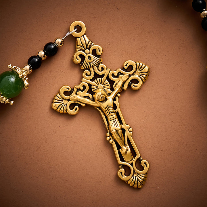 Solacebeads Forest‑Green Glass Rosary With Miraculous Medal &amp; Crucifix: Autumn Devotion of Grace - image 4