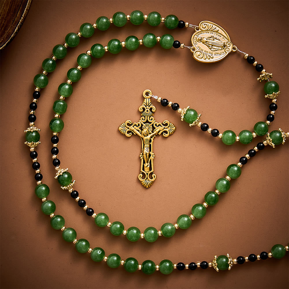 Solacebeads Forest‑Green Glass Rosary With Miraculous Medal &amp; Crucifix: Autumn Devotion of Grace - image 6