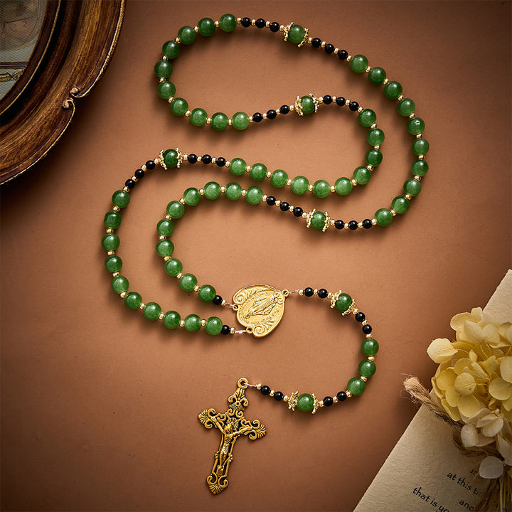Solacebeads Forest‑Green Glass Rosary With Miraculous Medal &amp; Crucifix: Autumn Devotion of Grace - image 8