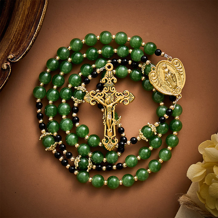 Solacebeads Forest‑Green Glass Rosary With Miraculous Medal &amp; Crucifix: Autumn Devotion of Grace - image 6