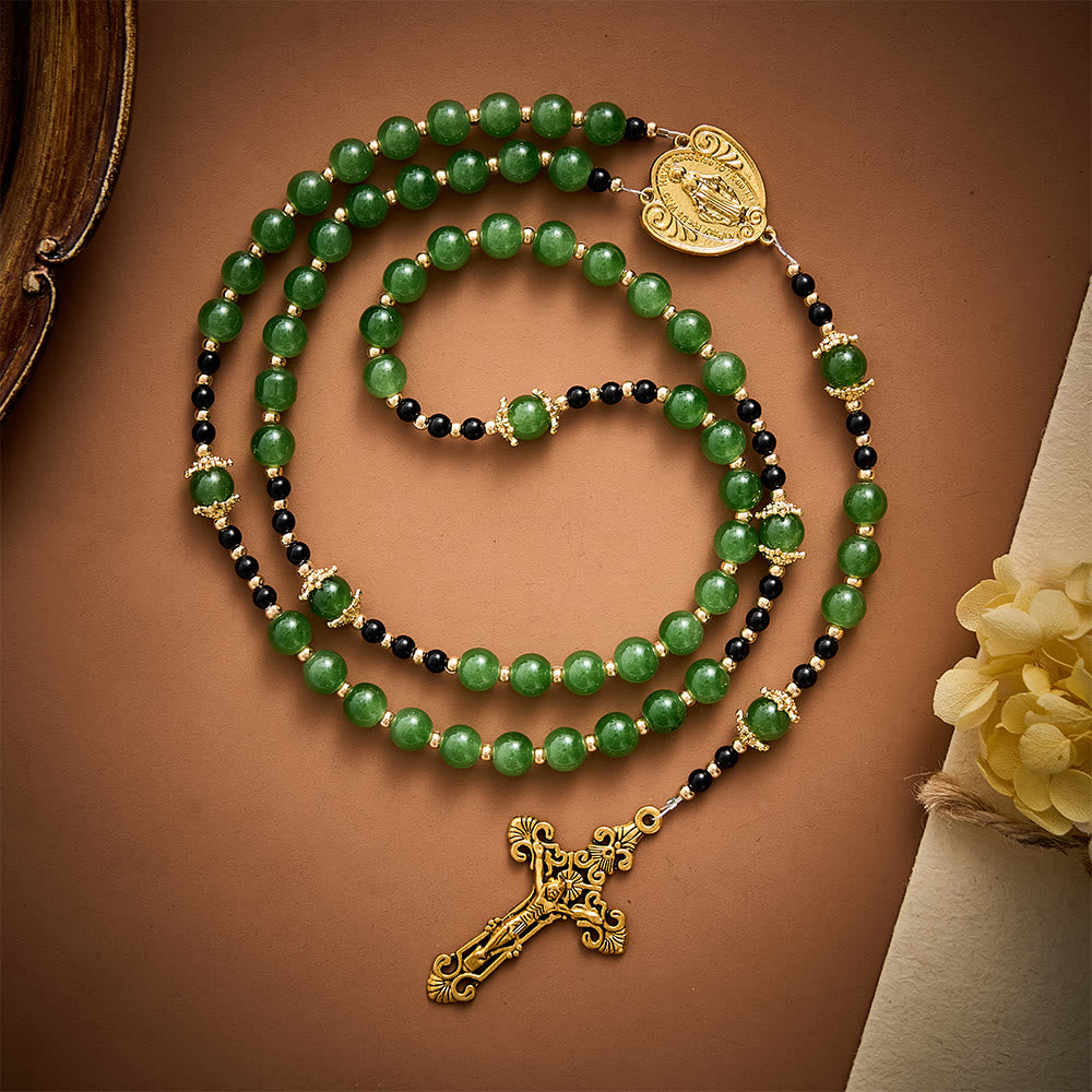 Solacebeads Forest‑Green Glass Rosary With Miraculous Medal &amp; Crucifix: Autumn Devotion of Grace - image 7