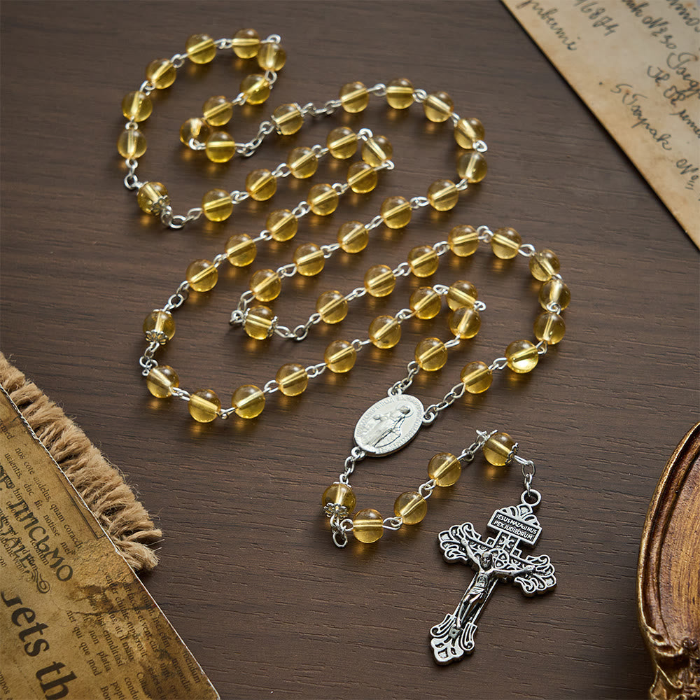 Solacebeads Golden‑Tone Glass Rosary With Miraculous Medal & Crucifix: Grace  of Cozy Autumn - Golden - image 0