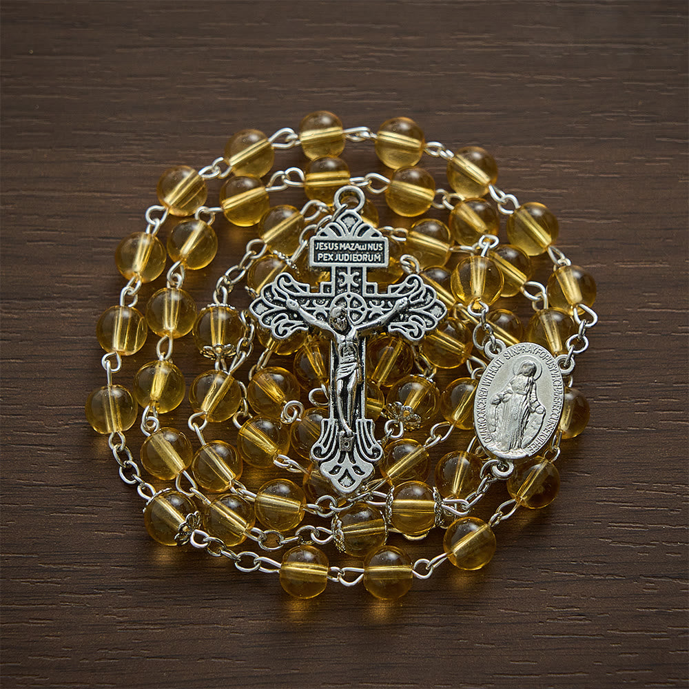 Solacebeads Golden‑Tone Glass Rosary With Miraculous Medal &amp; Crucifix: Grace  of Cozy Autumn - image 5