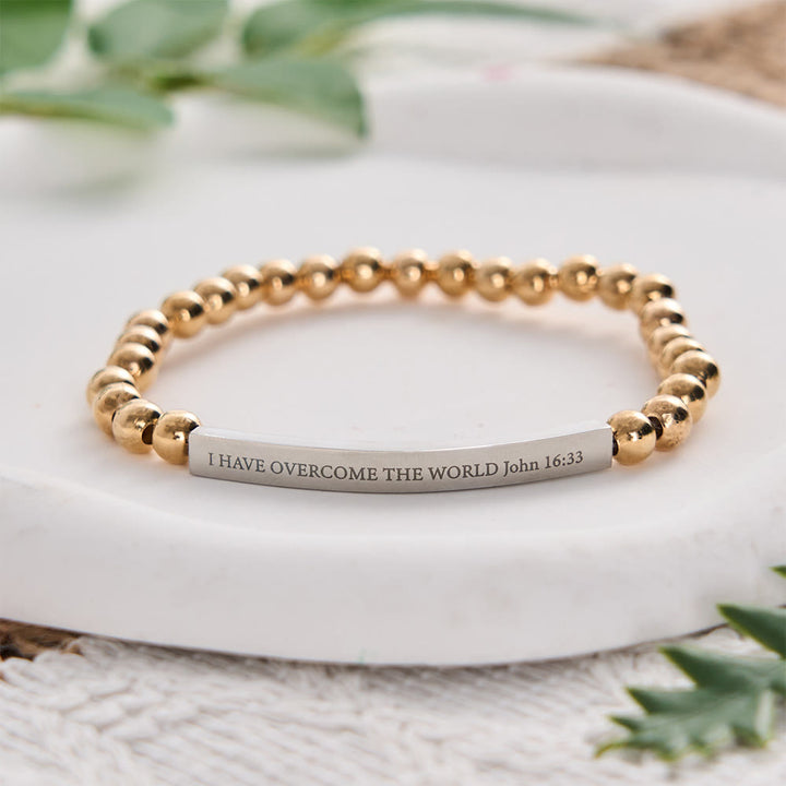Solacebeads Metal Bead Engraving Bracelet With Scripture Bar: Brave Protection For Faith To School - Golden - image 0