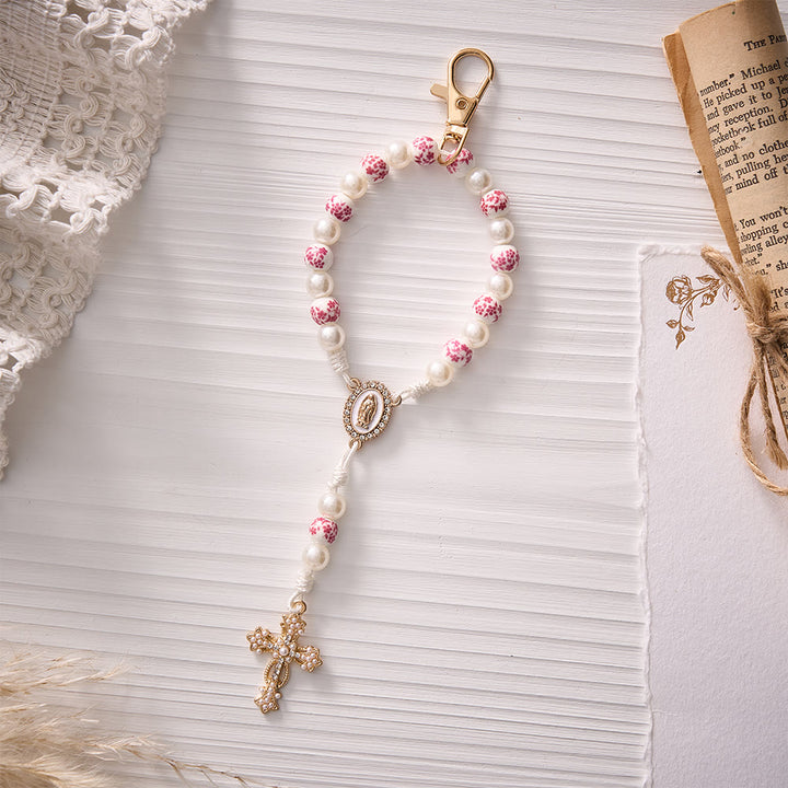 SolaceBeads Ceramic‑Flower Key Chain With Cross: Guadalupe Gentle Devotion In Daily Carry - Pink - image 0