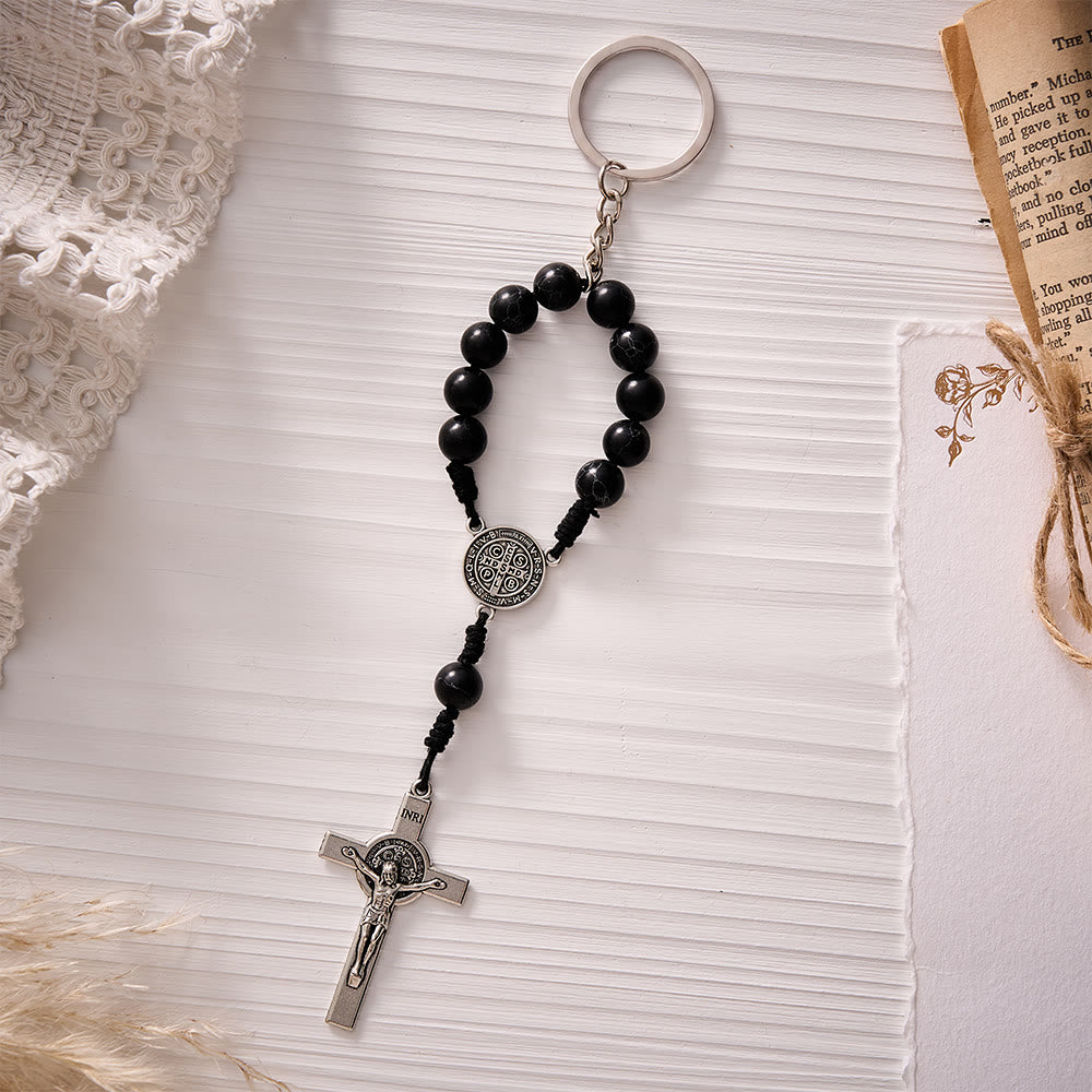 SolaceBeads Black Howlite KeyChain With St. Benedict Medal &amp; Crucifix: Steady Faith For Daily Carry - image 3