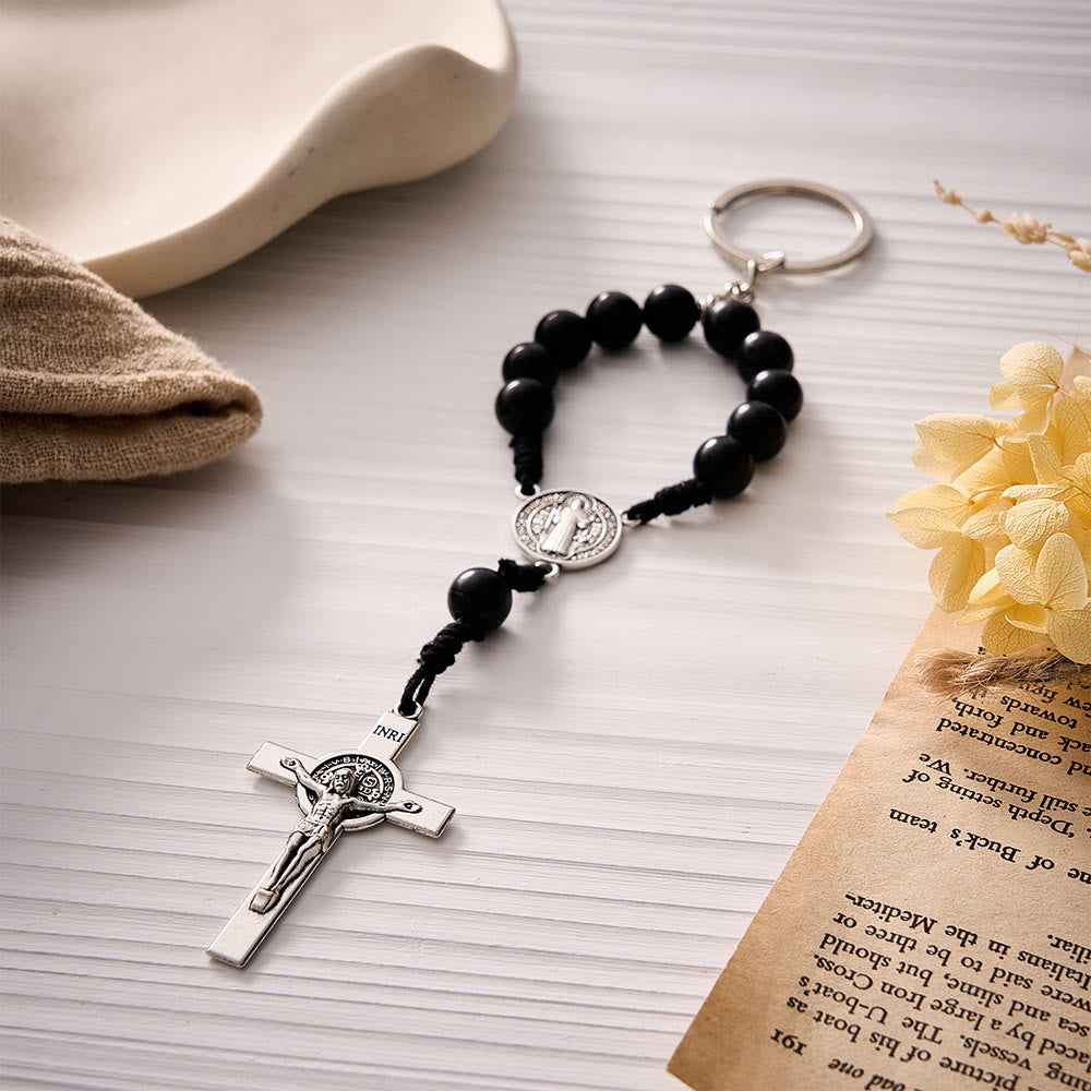 SolaceBeads Black Howlite KeyChain With St. Benedict Medal & Crucifix: Steady Faith For Daily Carry - Black Howlite - image 0