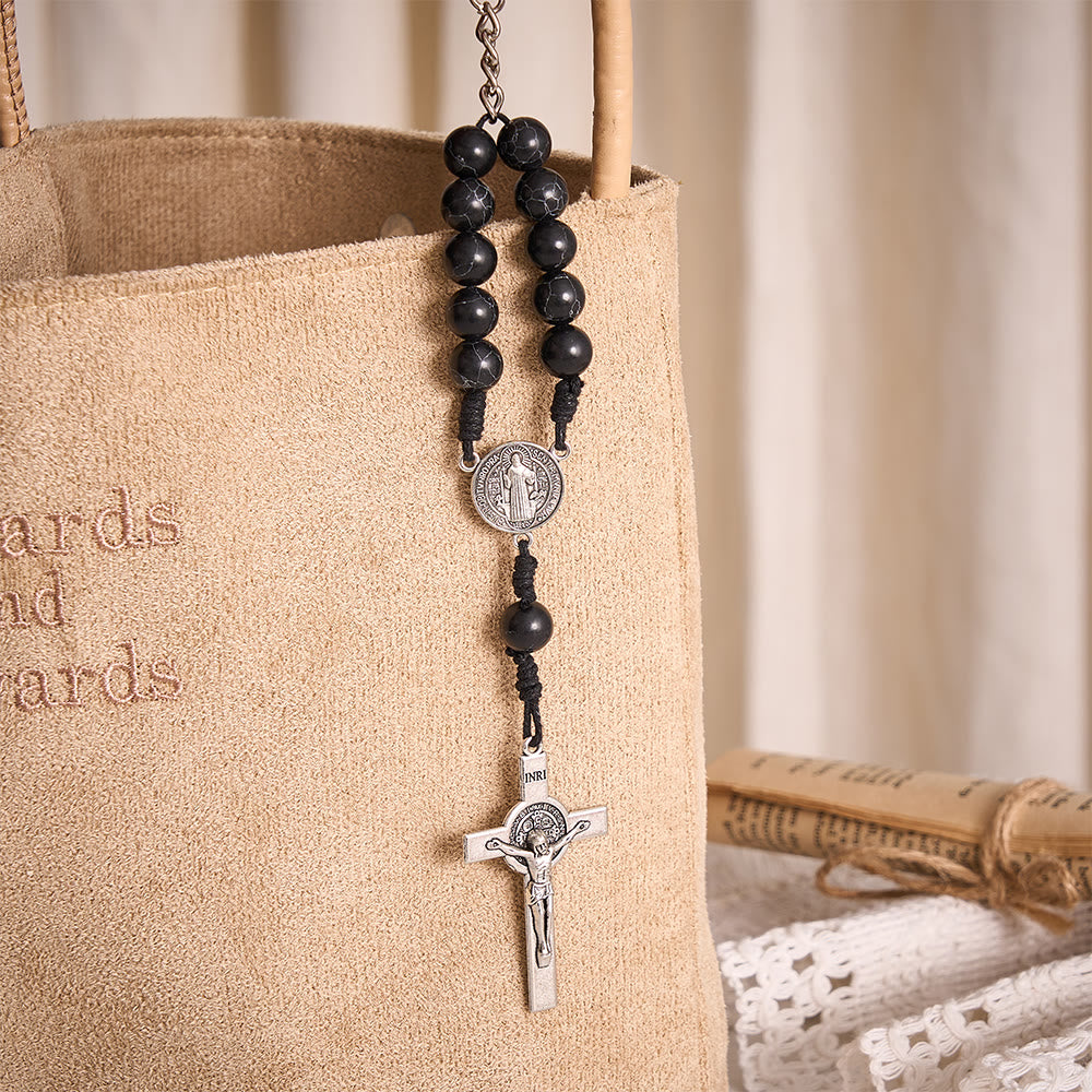 SolaceBeads Black Howlite KeyChain With St. Benedict Medal &amp; Crucifix: Steady Faith For Daily Carry - image 1