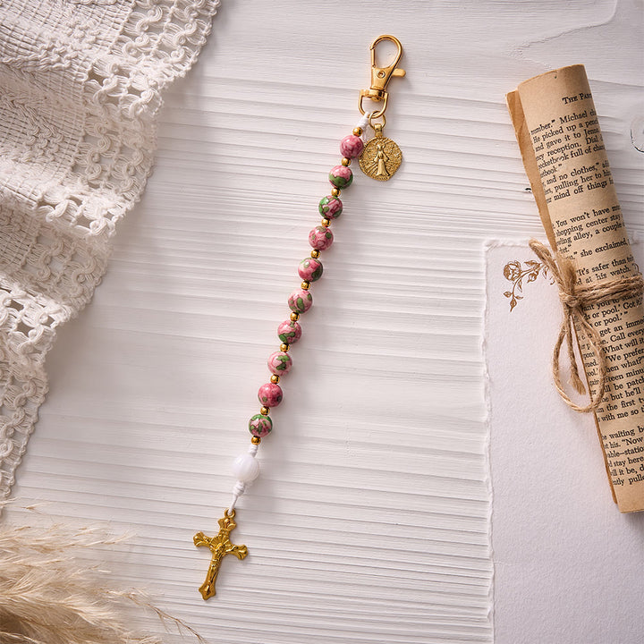 SolaceBeads Pink‑Green Rain Jasper Keychain: Carry Grace In Your Daily Journey - Pink &amp; Green - image 0