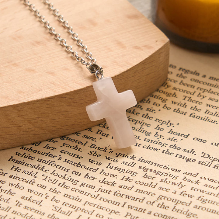 SolaceBeads Natural Carved Stone Cross Necklace: Gentle Faith In Natural Crystal - Rose Quartz - image 3